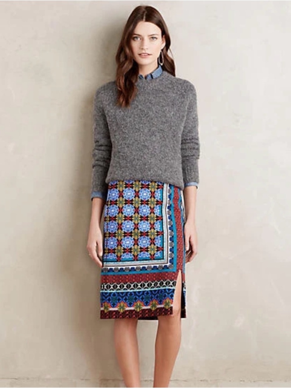 Anthropologie Maeve tearoom Blue Red Cream Geo-Print Skirt
